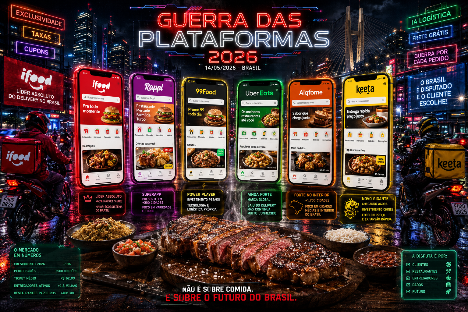 Guerra das Plataformas 2026 — iFood, Rappi, 99Food, Uber Eats, Aiqfome, Keeta